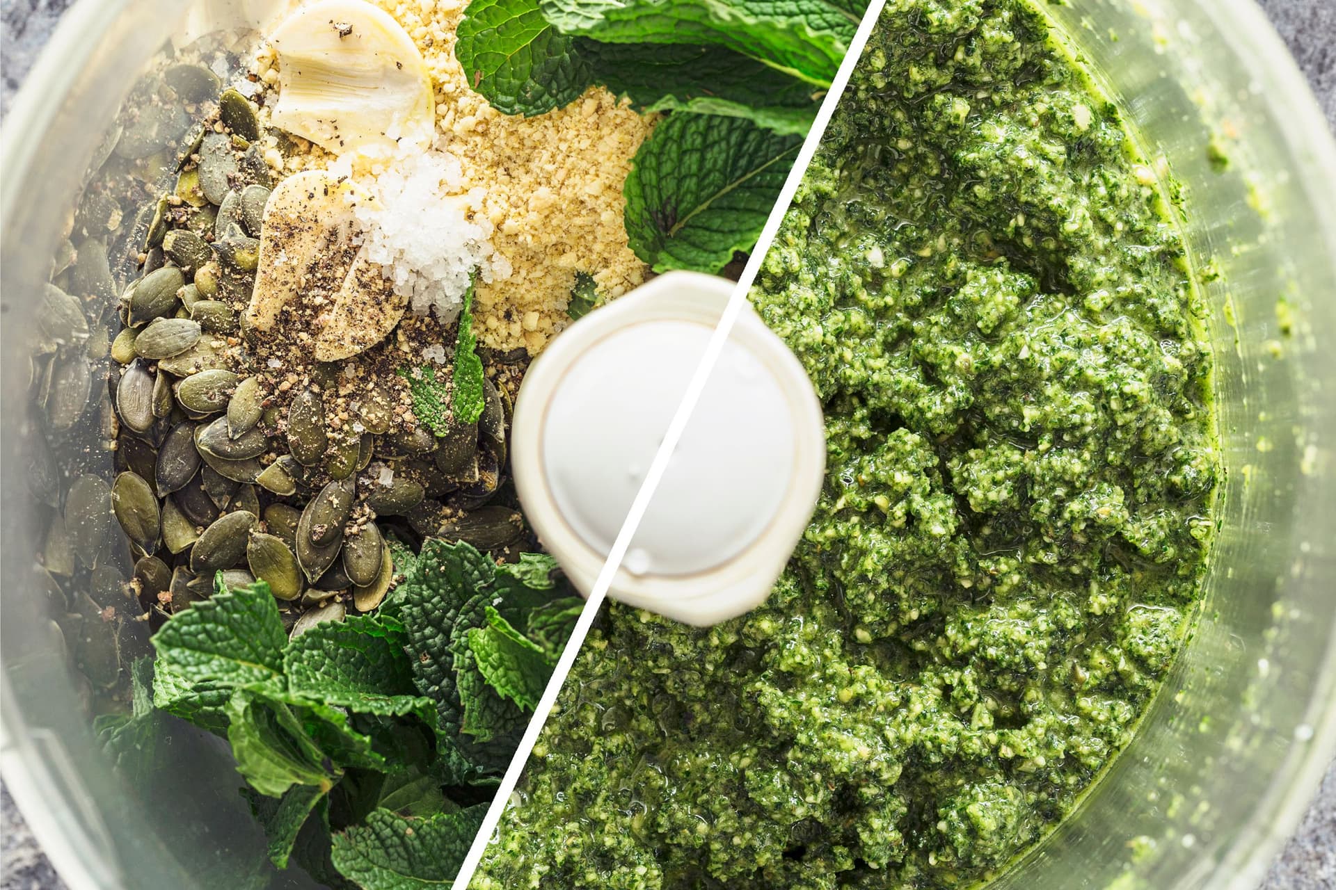 Top view with before and after comparison of raw ingredients and pesto.