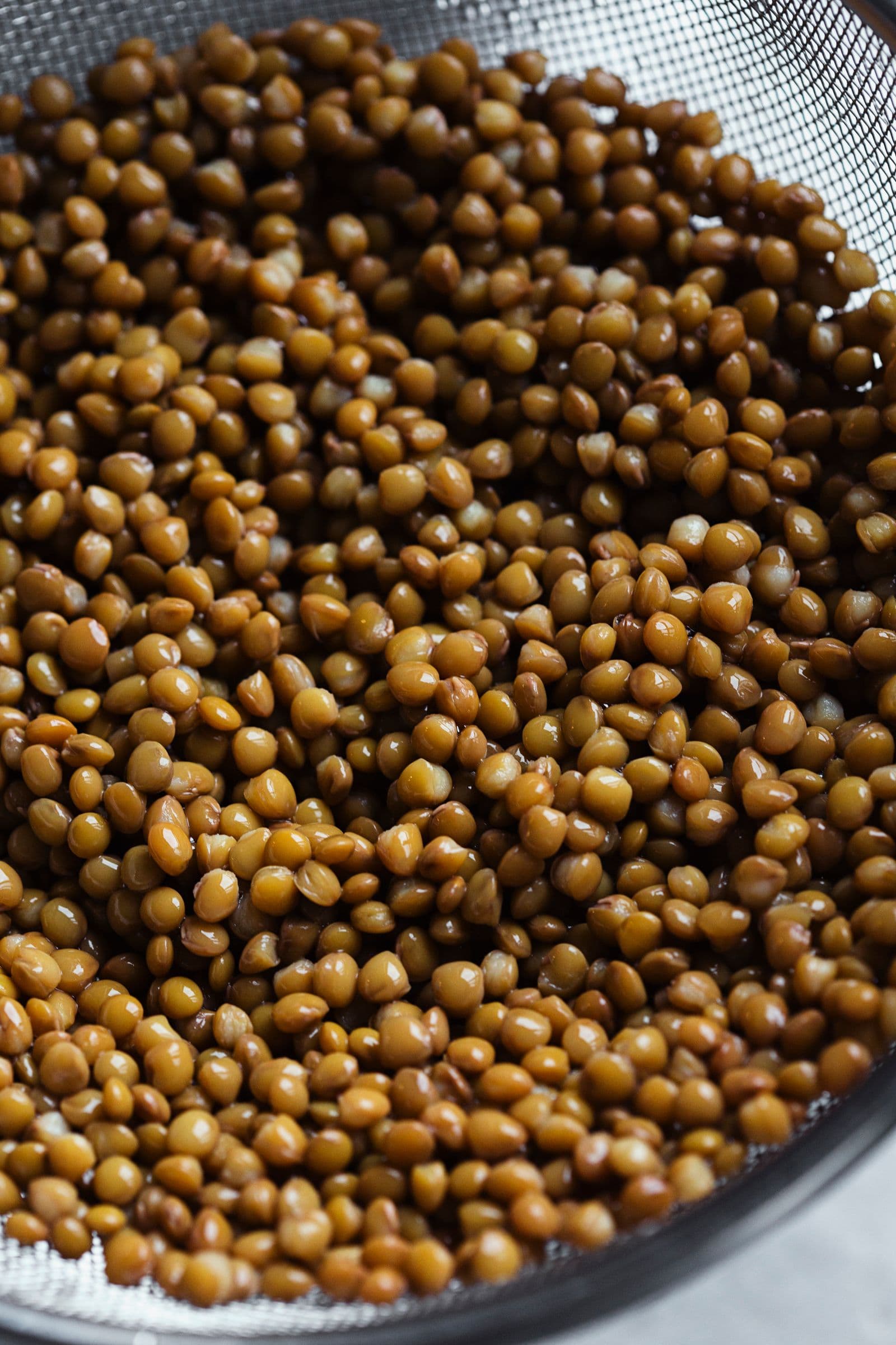 Close-up view of freshly drained brown lentils in a sieve.