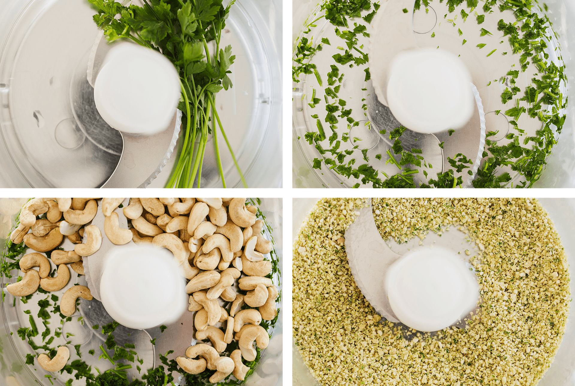 Step-by-step shots of parsley and cashews being blended in a food processor.