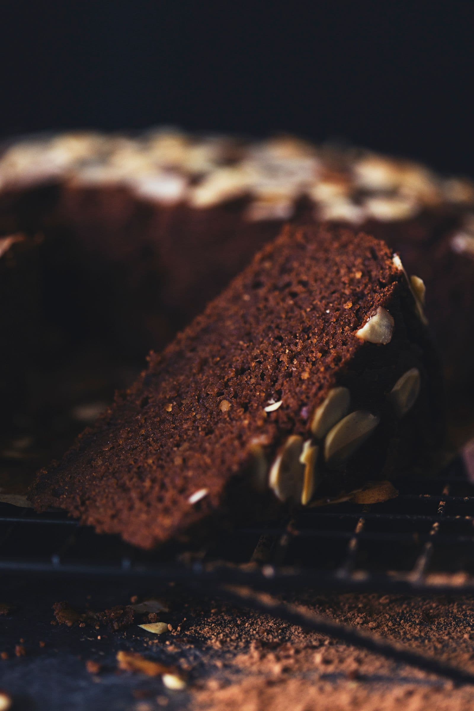 Close-up of cake slice revealing fluffy, moist texture.
