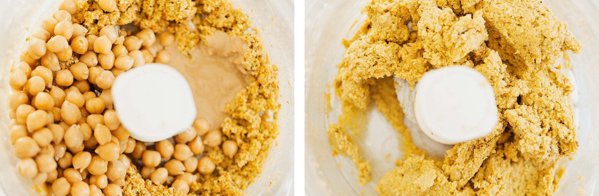 Step-by-step shots of chickpeas and tahini being blended in a food processor.
