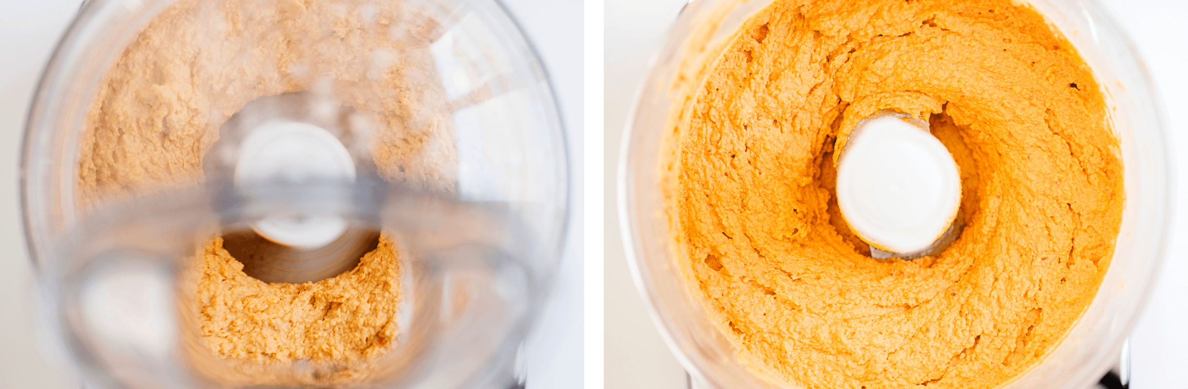 Tomato hummus being blended in the food processor.