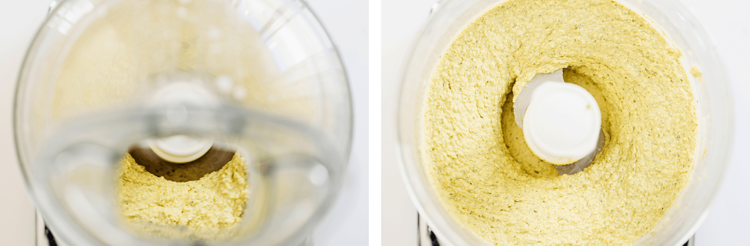 Vibrant green herb hummus blending in the food processor.