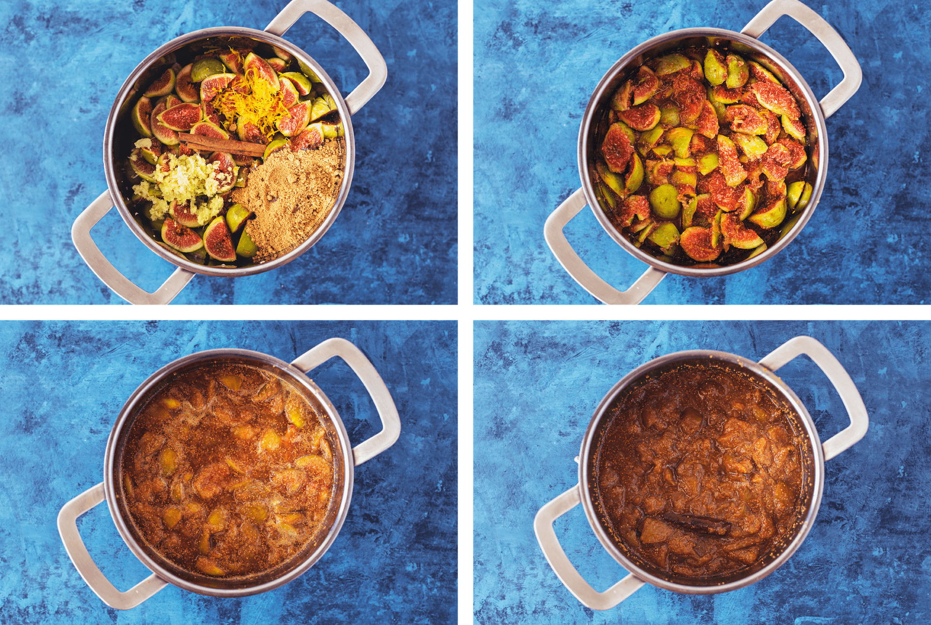 Step by step process of the fig and ginger jam cooking in a pot.