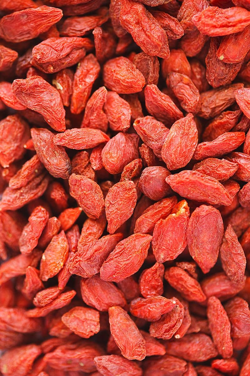 A close-up of dried red goji berries.
