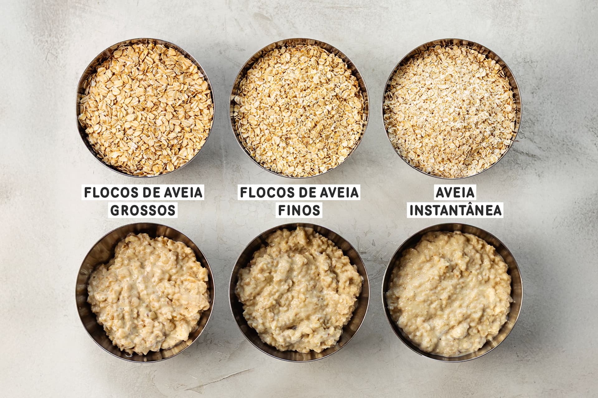 Comparação entre flocos de aveia grossos, finos e instantâneos, crus e cozinhados, em taças metálicas