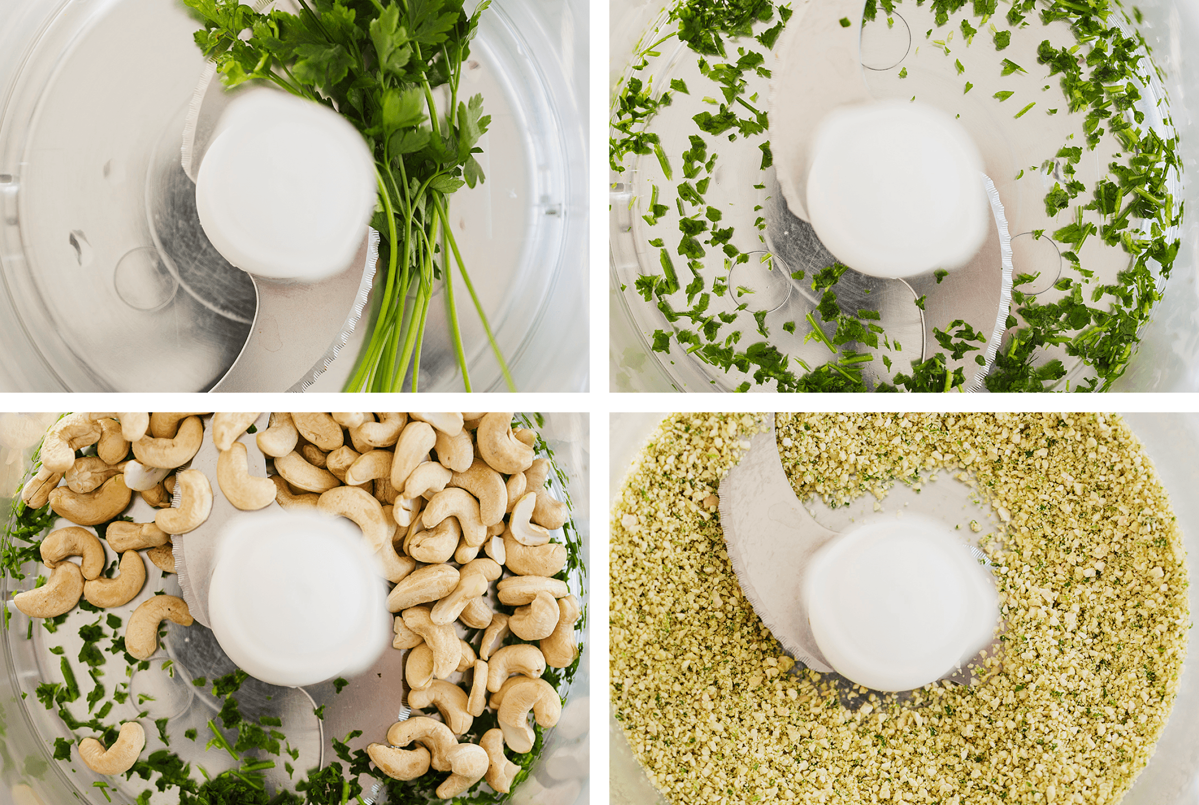 Step-by-step shots of parsley and cashews being blended in a food processor.