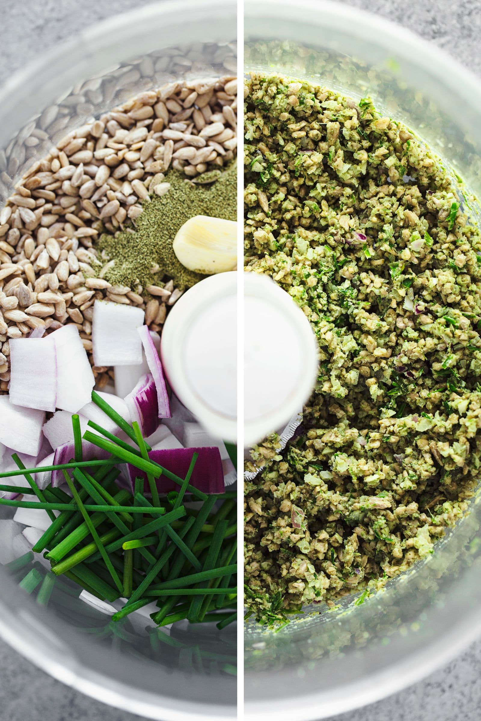 Imagem com comparação lado a lado dos ingredientes antes e depois de triturar.
