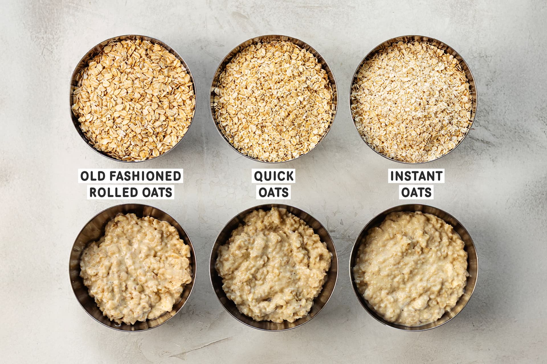 Comparison of old fashioned, quick and instant oats, showing dry oats and cooked texture in metal bowls