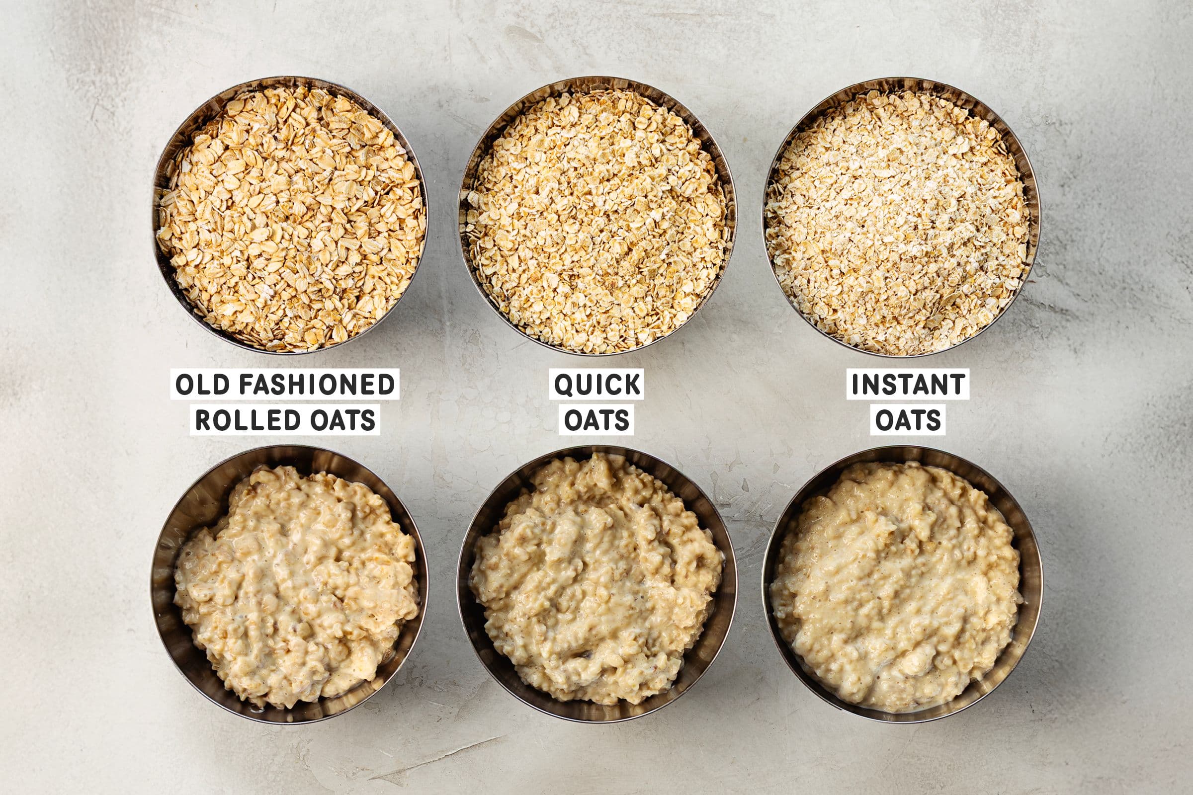 Comparison of old fashioned, quick and instant oats, showing dry oats and cooked texture in metal bowls