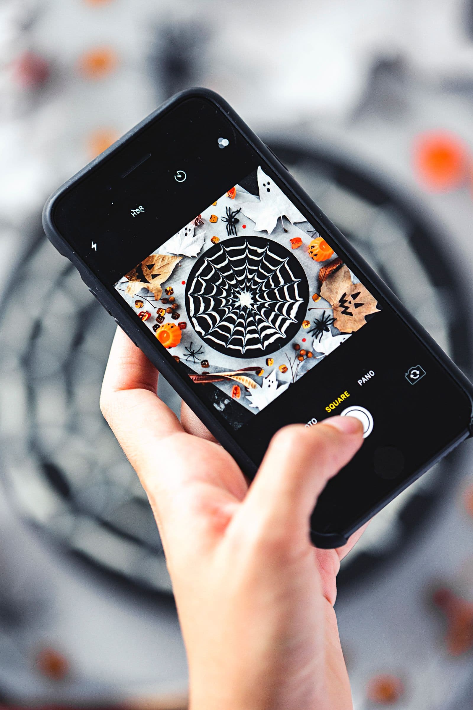 A hand holding a smartphone capturing the spiderweb cheesecake on the table.