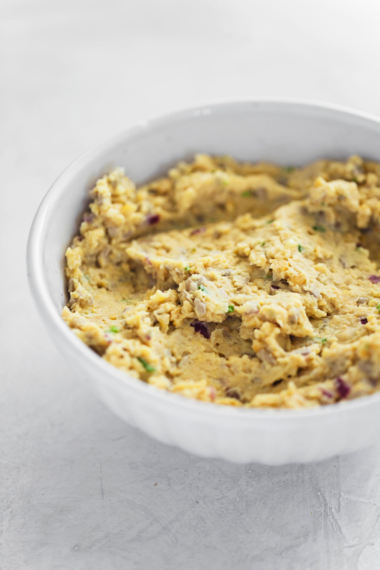 Bowl of chickpea "tuna" filling for vegan sushi rolls.
