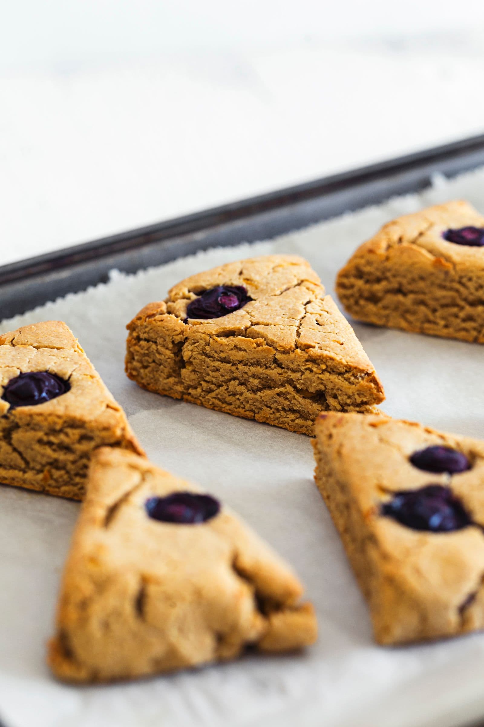 Scones veganos de limão e mirtilos acabados de sair do forno a arrefecer num tabuleiro.