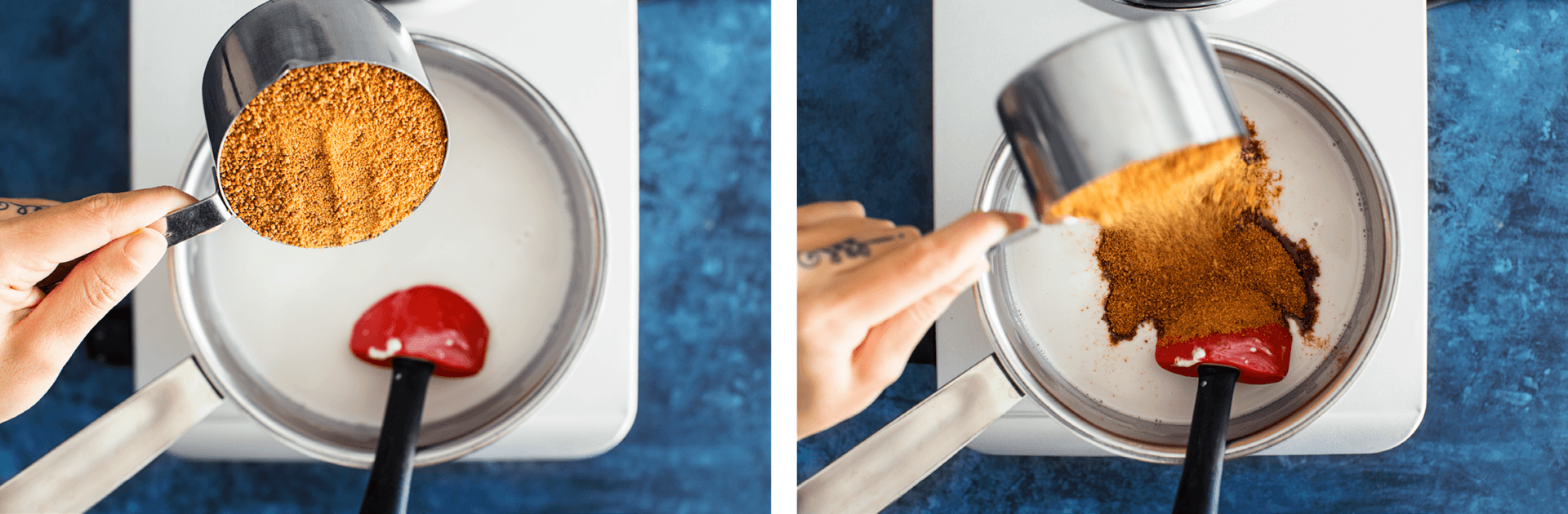 Etapa da receita em que o açúcar de coco é adicionado para preparar o caramelo salgado de coco.