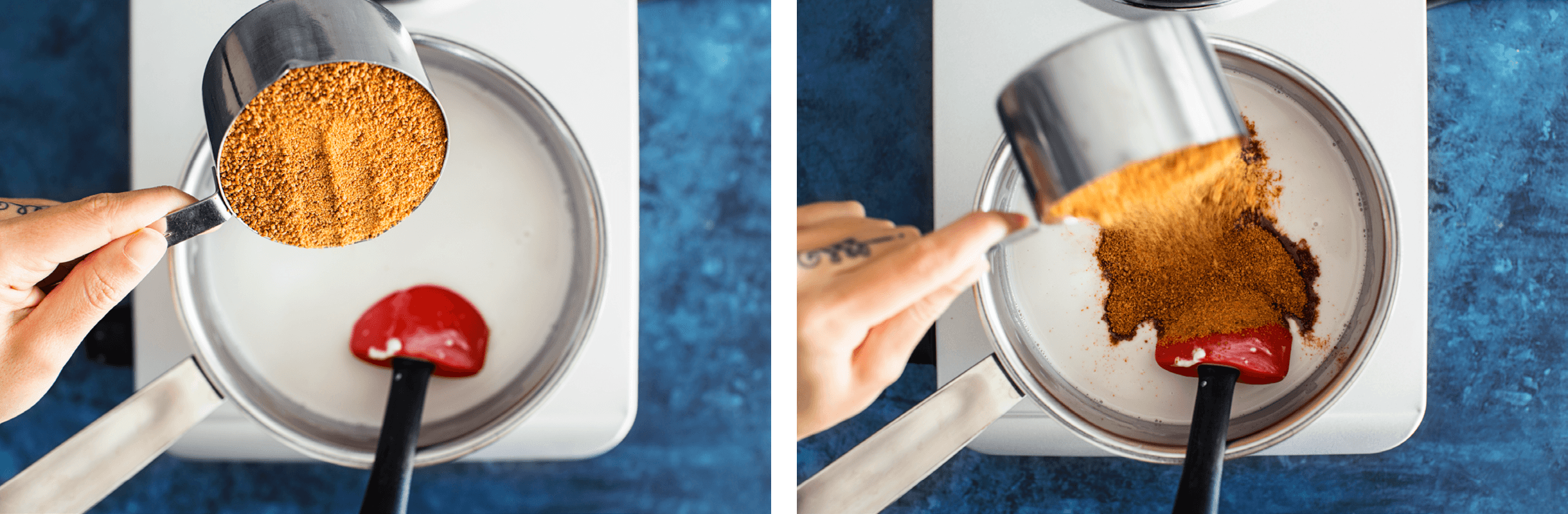 Recipe step showing coconut sugar incorporated to make vegan salted caramel sauce.