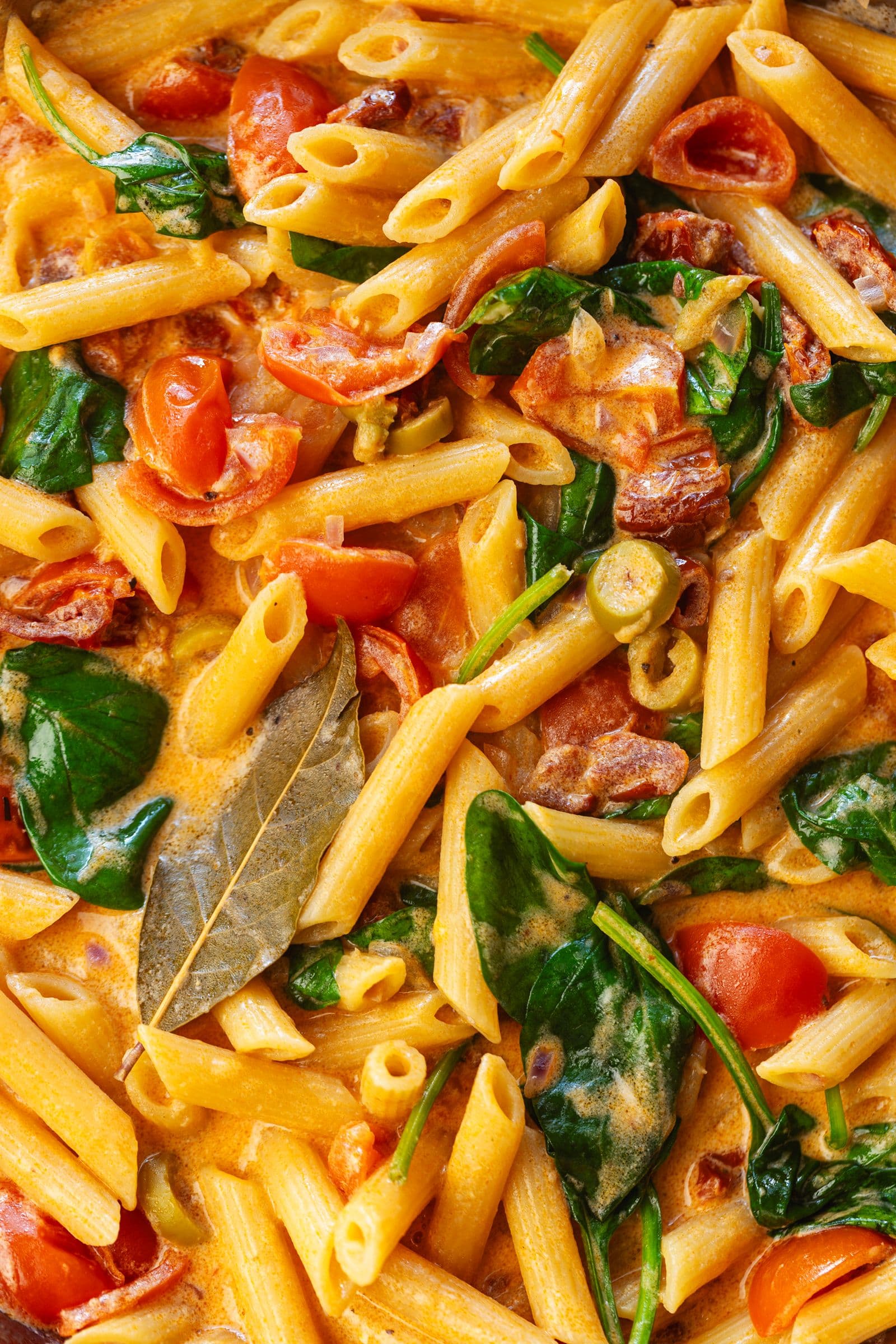 Close-up of creamy tomato penne with wilted spinach, cherry tomatoes, sun-dried tomatoes and green olives