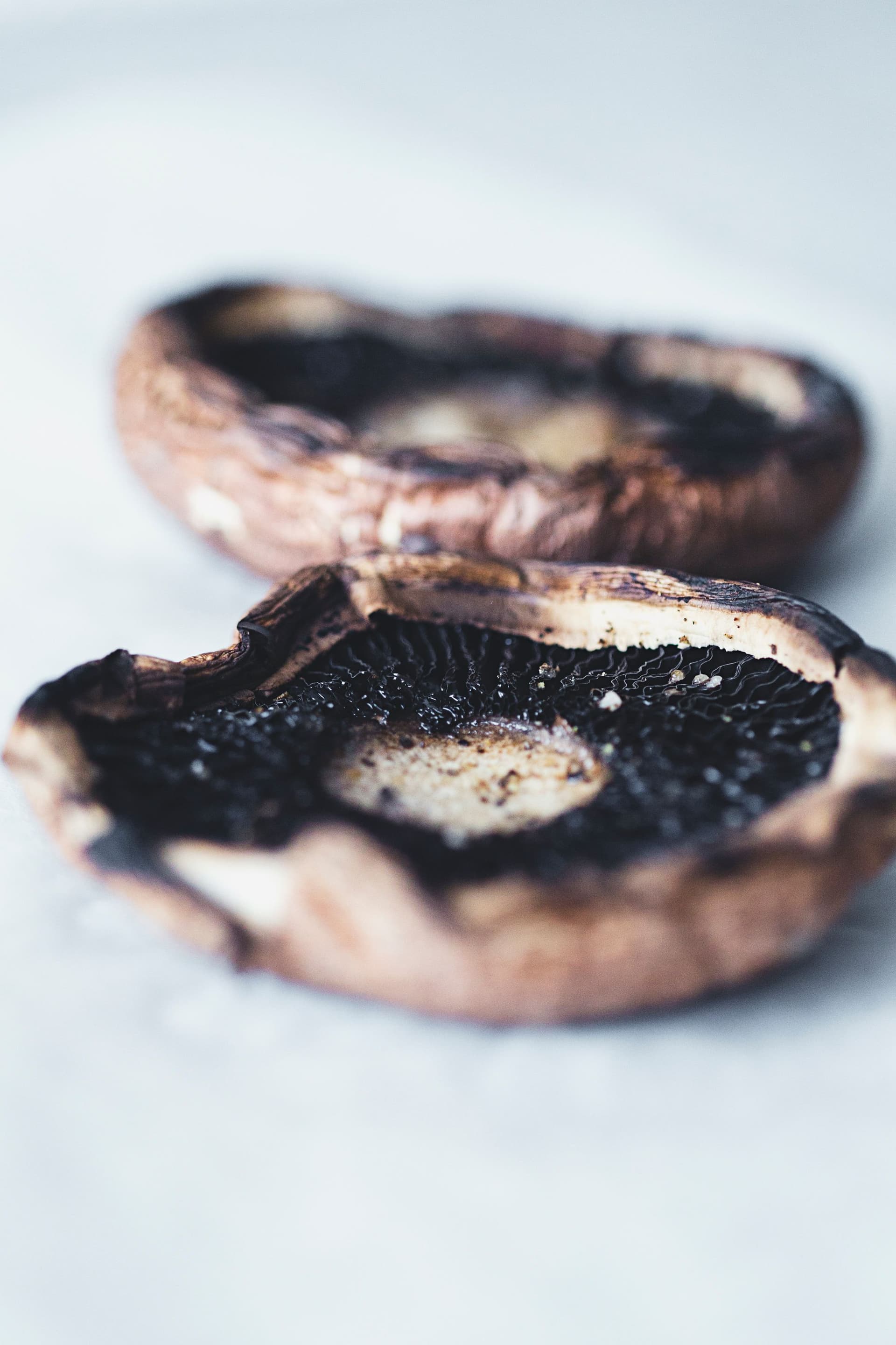 Side angle shot of whole portobello mushrooms after grilling.