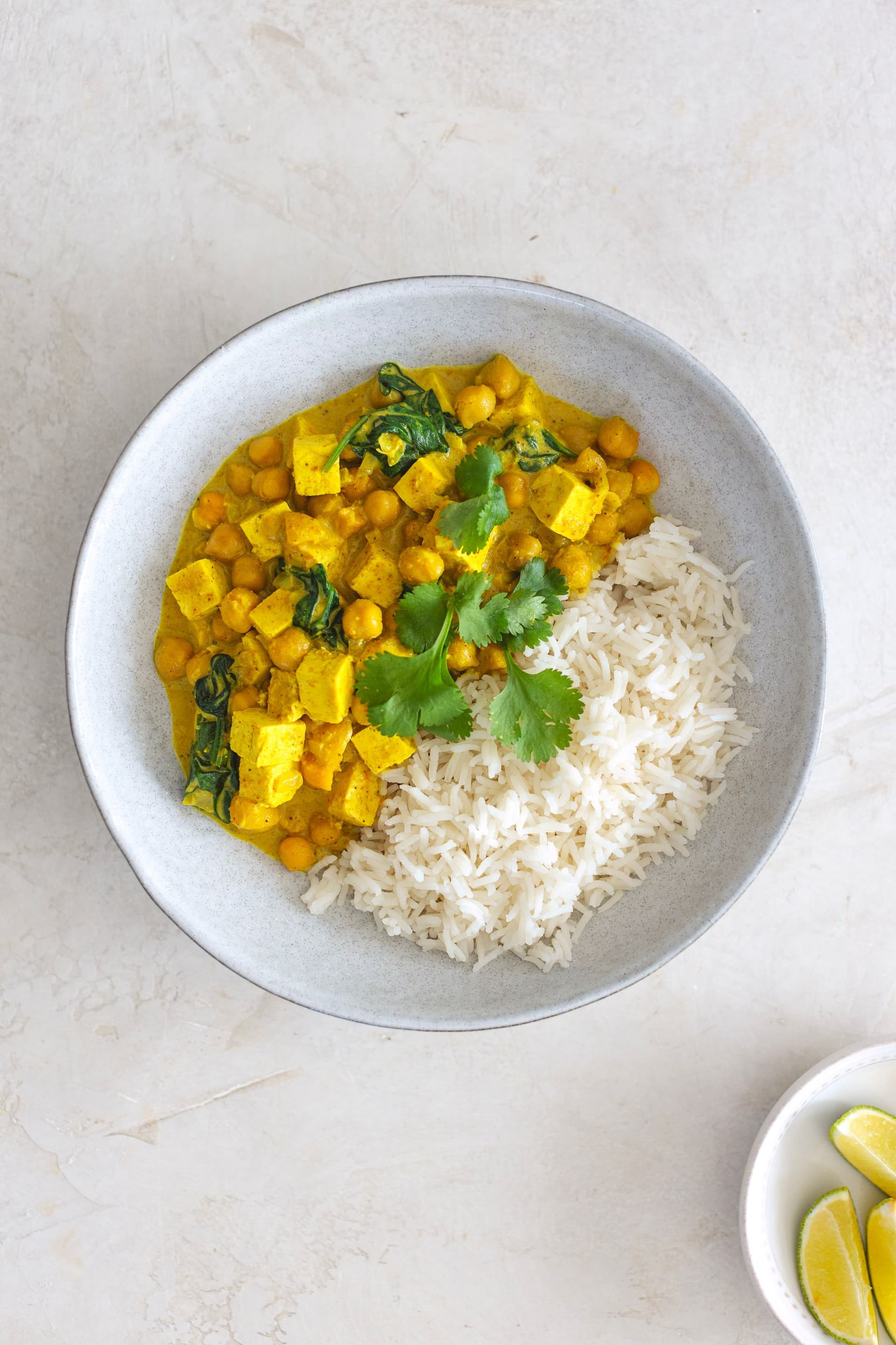 Single serving of curry with rice and herbs in a white bowl on a light background.