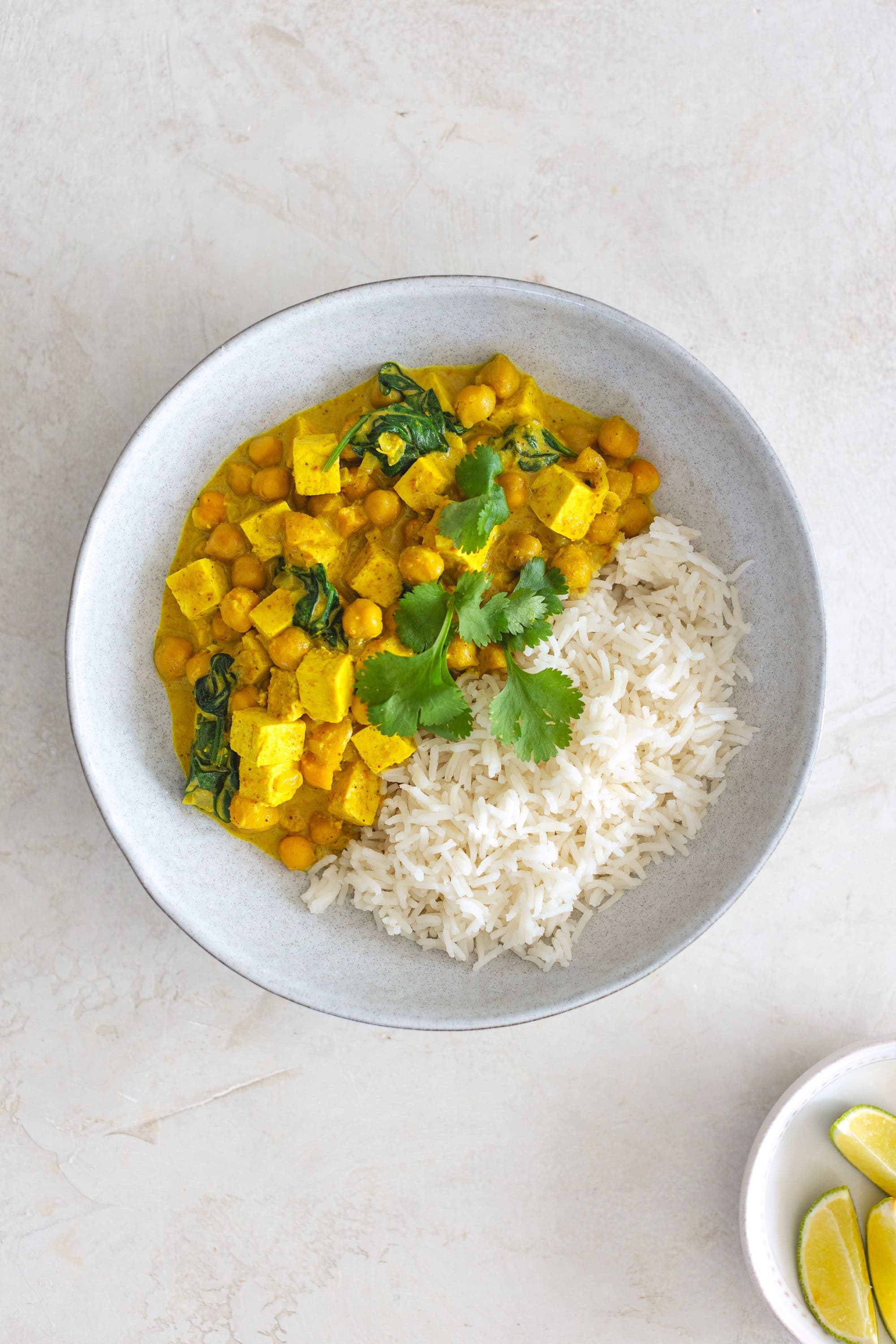 Single serving of curry with rice and herbs in a white bowl on a light background.