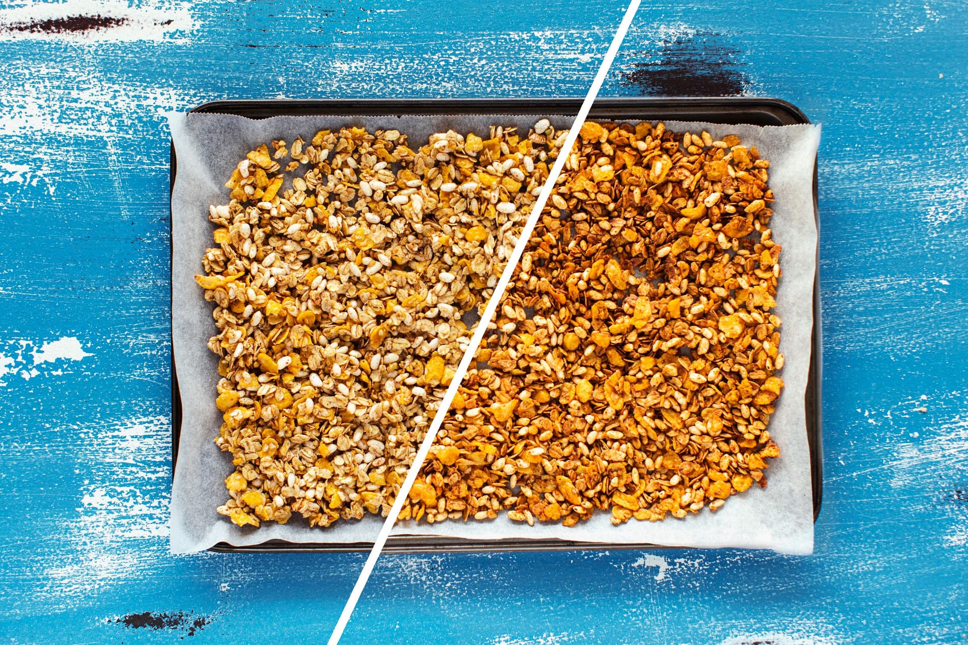Comparação lado a lado de granola antes e depois de ir ao forno.