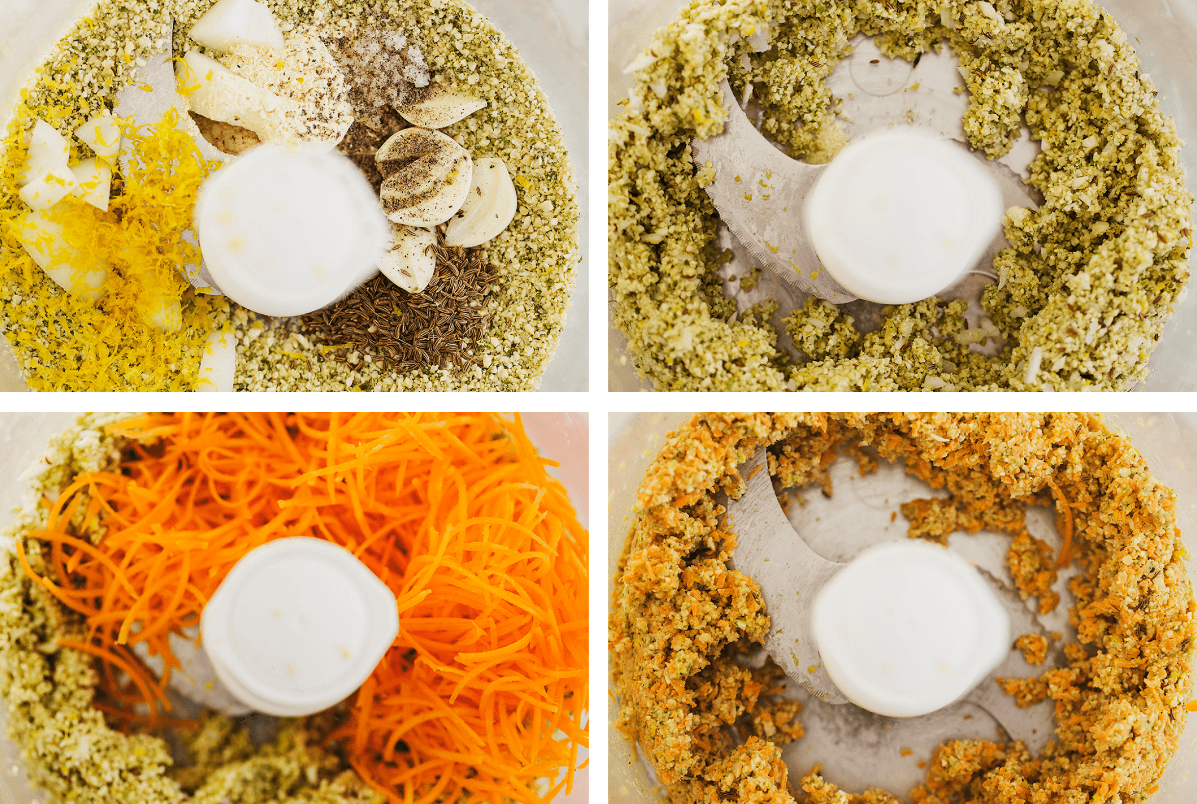 Step-by-step shots of ingredients like onion, garlic, carrots and spices being blended in a food processor.