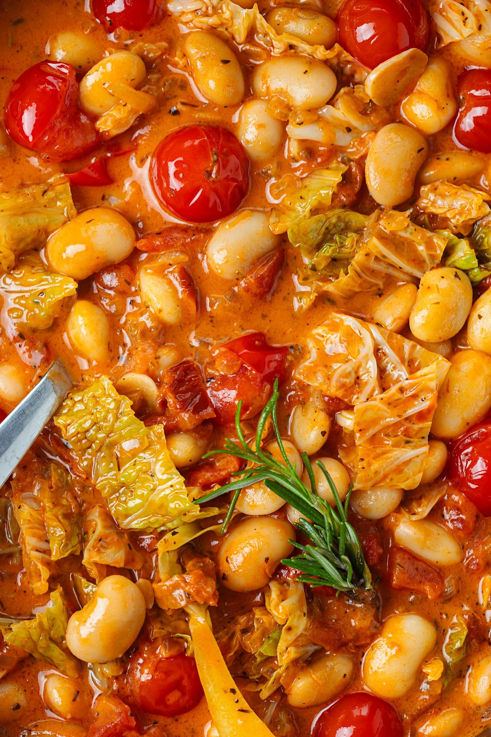 Close-up of the cooked white bean and savoy cabbage stew, with cherry tomatoes, cabbage, beans and a rich tomato-coconut broth.