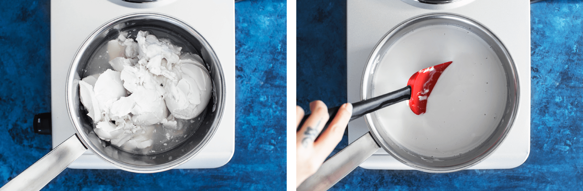 Two stages of the recipe showing solid coconut milk turning into a smooth liquid.