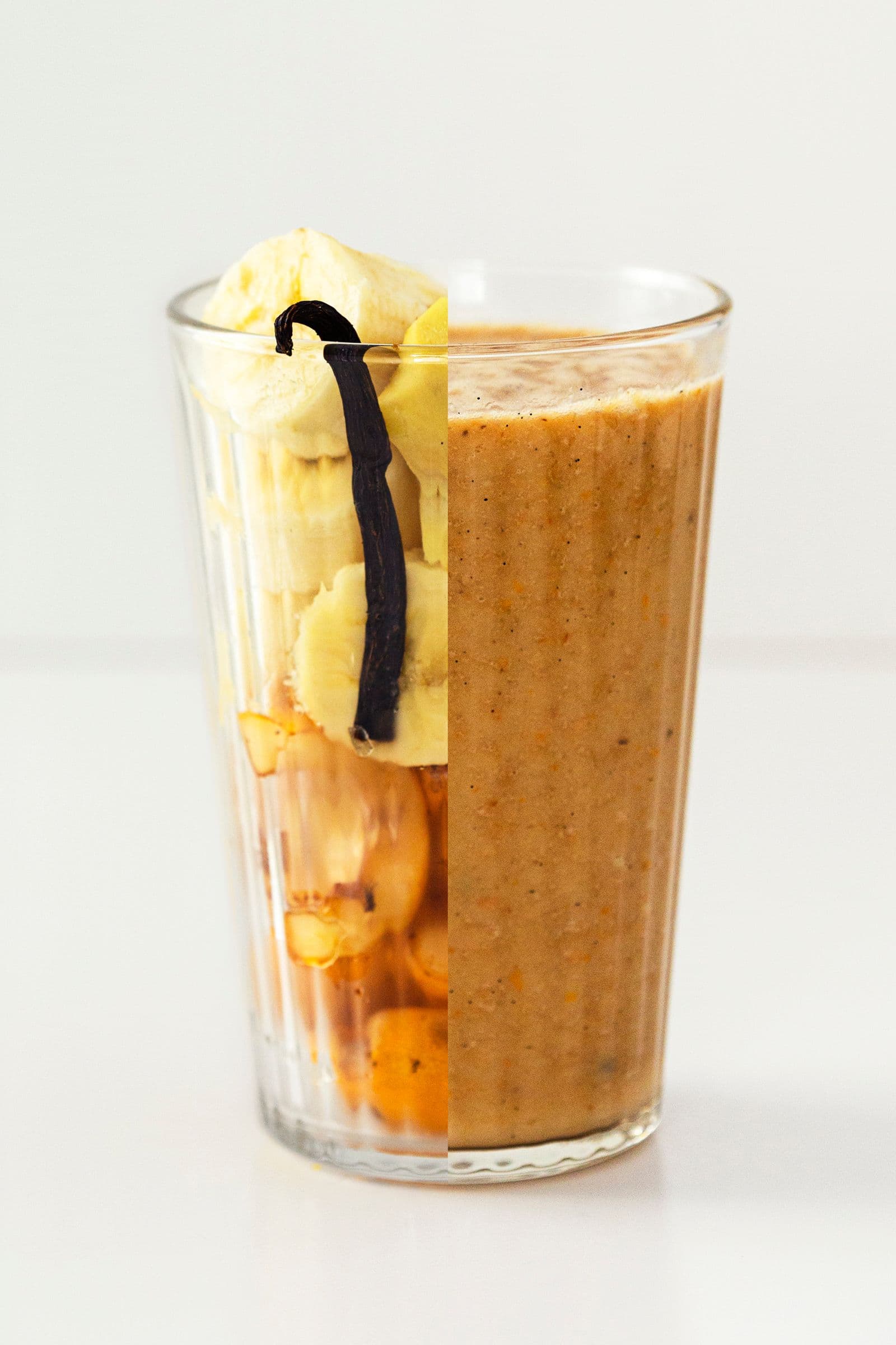 Split-view of a smoothie glass showing loquat, banana, vanilla and ginger on one side, and the blended drink on the other