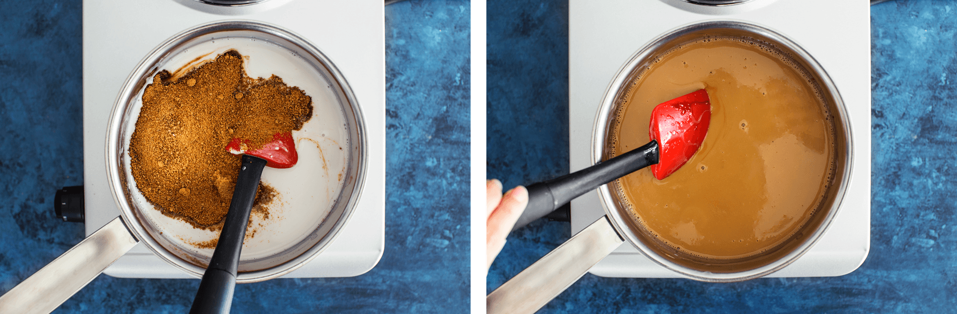 Sugar dissolving into coconut milk, forming a caramel base.