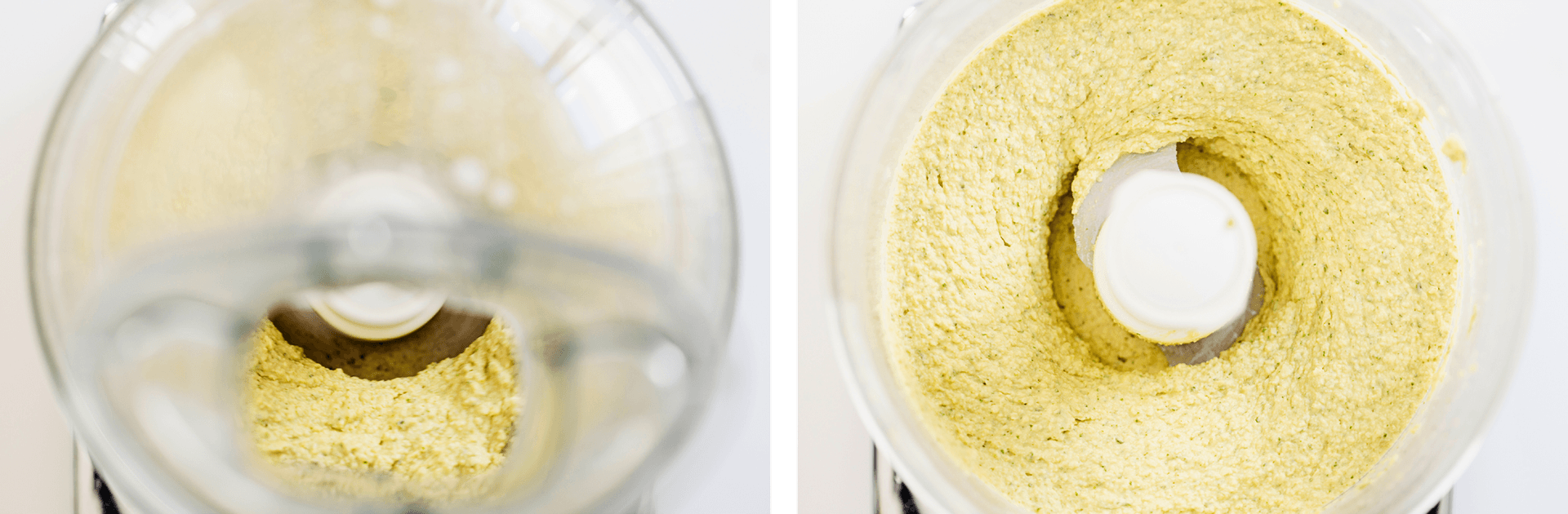 Vibrant green herb hummus blending in the food processor.
